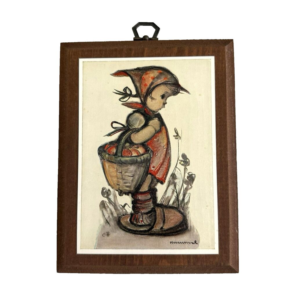Vintage Hummel Girl Wall Hanging Plaque Wood Basket of Apples Cottagecore Granny